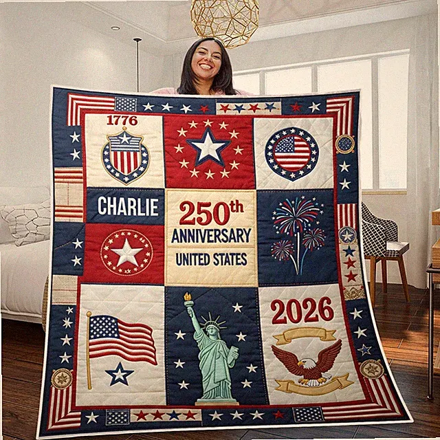 250th Anniversary USA Quilt Throw 1776-2026 Patriotic Flag Heritage Blanket USA