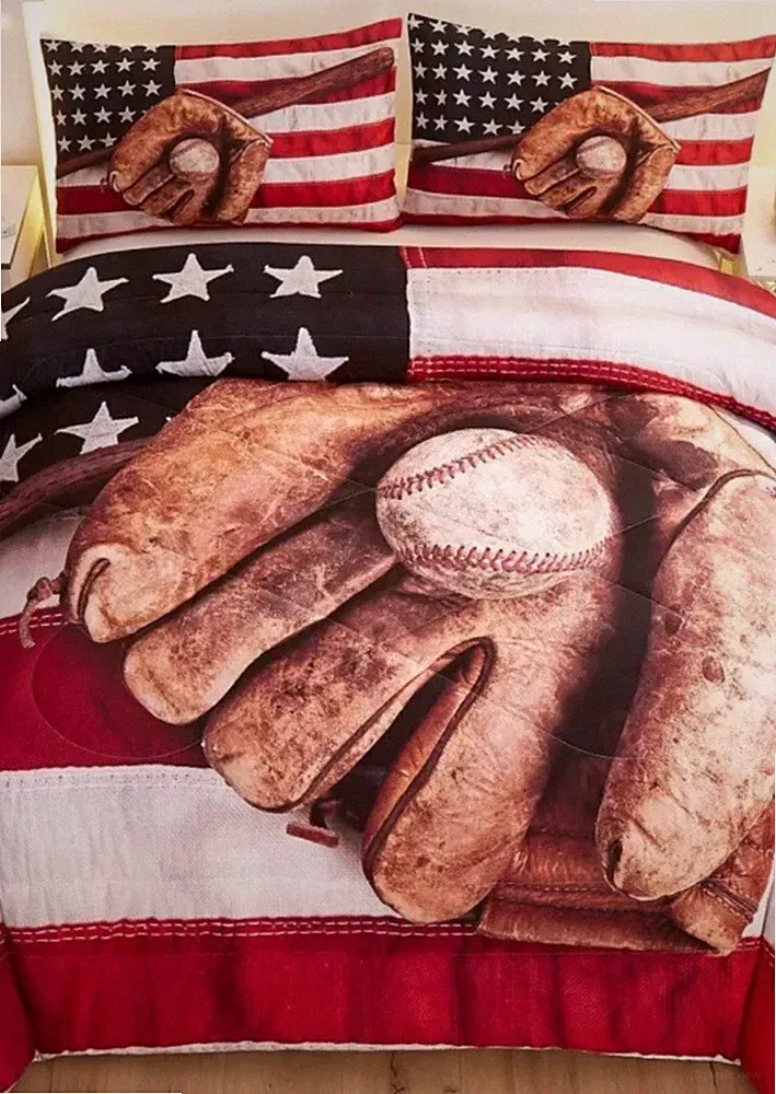 3 PIECE BASEBALL/AMERICAN FLAG BEDDING SET DOUBLE SIZE COMFORTER & 2 PILLOW SHAM