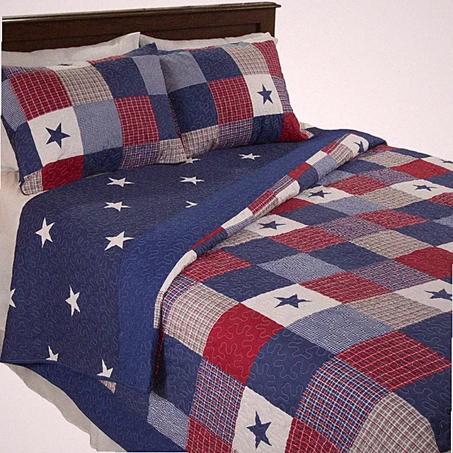 3-Piece Caroline Patriotic Quilt Set - Americana Stars and Plaid Patchwork Be...