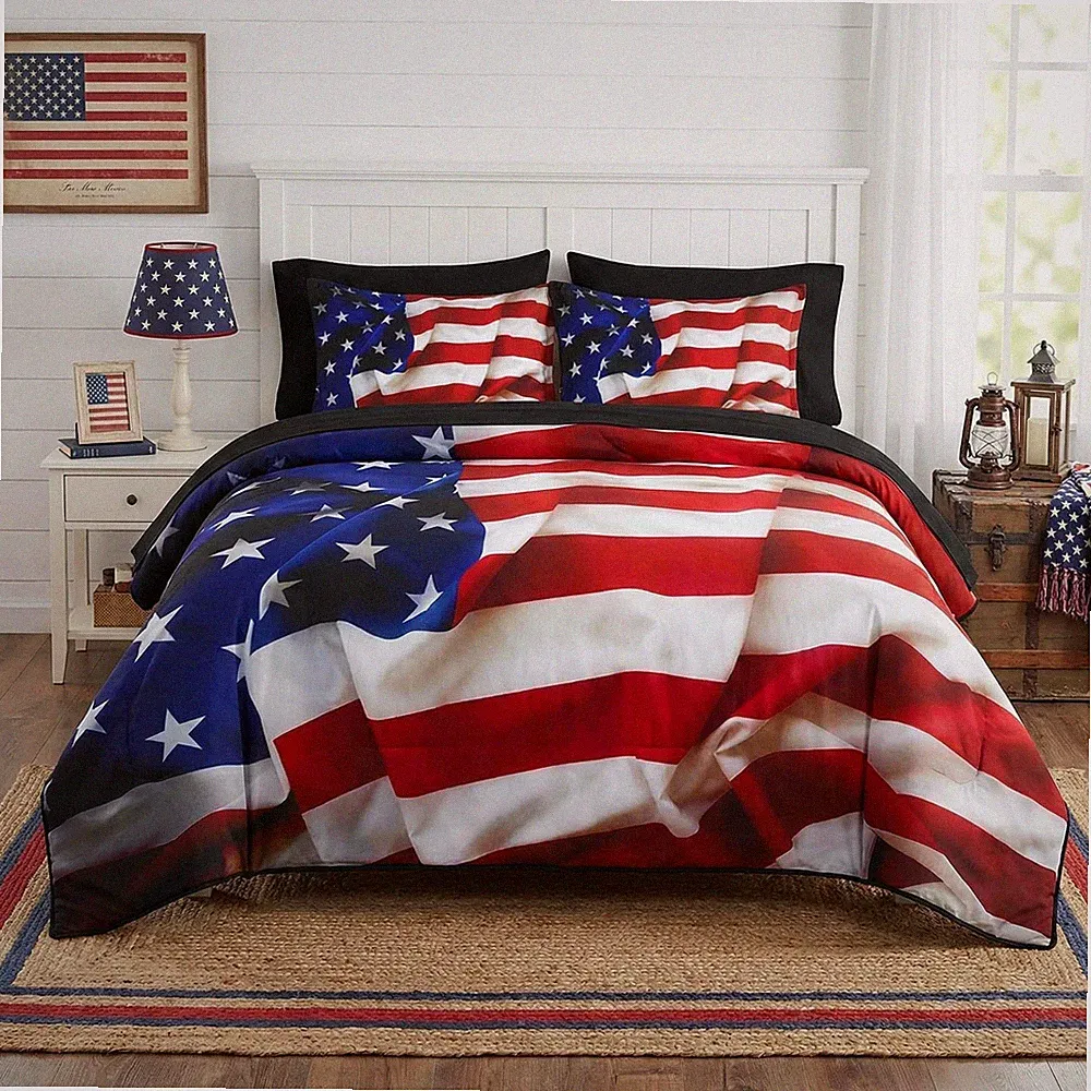 5-Piece Twin Comforter Set, Patriotic American Flag Bedding, Stars & Stripes, Fi