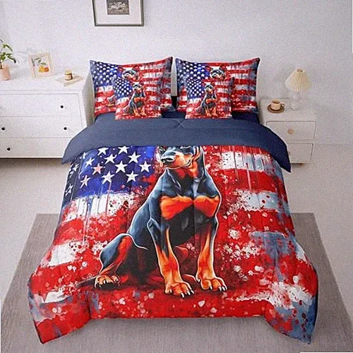 American Dog 7 Pieces Size Comforter Set,American Flag Queen Black Blue Red