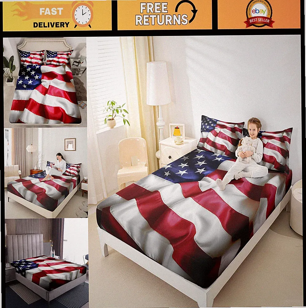 American Flag Fitted Sheet Set - Stars & Stripes Bedding for Kids & Adults, Full
