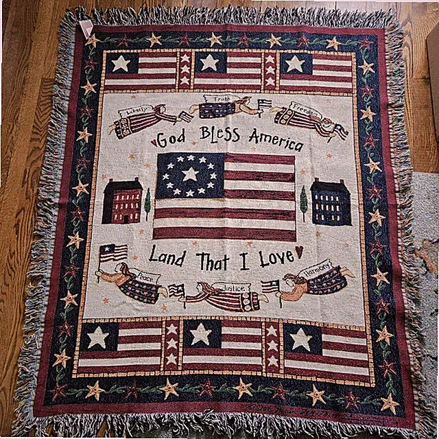 American Flag Patriotic Themed Woven Throw Blanket God Bless America Freedom 4x5