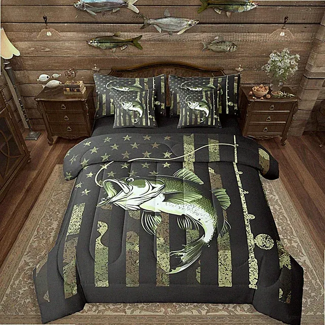 Bass Fish Twin Comforter Set - Army Green American Flag Bedding for Boys