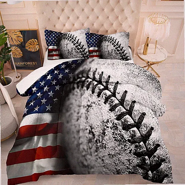 Boys Sports Bedding Set Queen - Baseball Comforter With Flag, Teen Bedding Wi...
