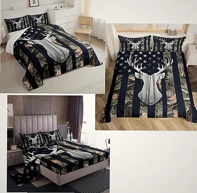 Camo American Flag Comforter Set + Bed Sheet Set + Duvet Cover, Queen Size with