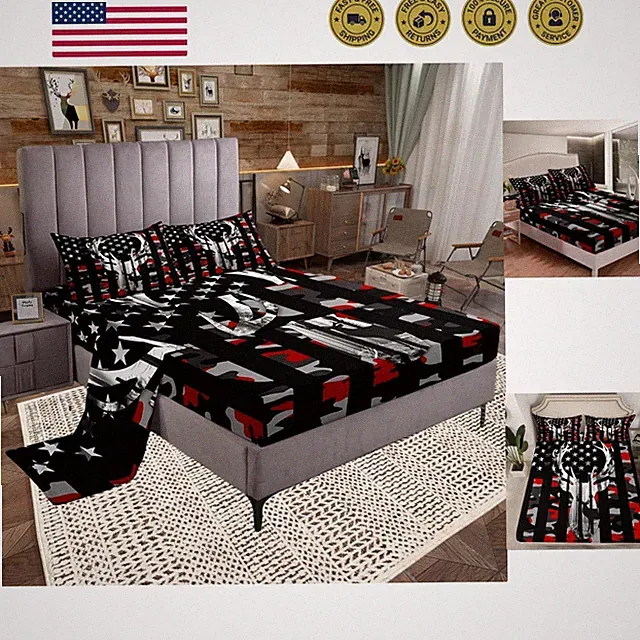 Camo American Flag Fitted Sheet Set Full Size 4 Pcs, Red Black Camo Flag Bed...