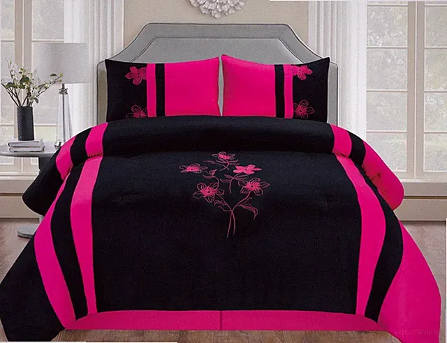 Embroidered Floral Pink and Black Comforter Set with Sheet Set!