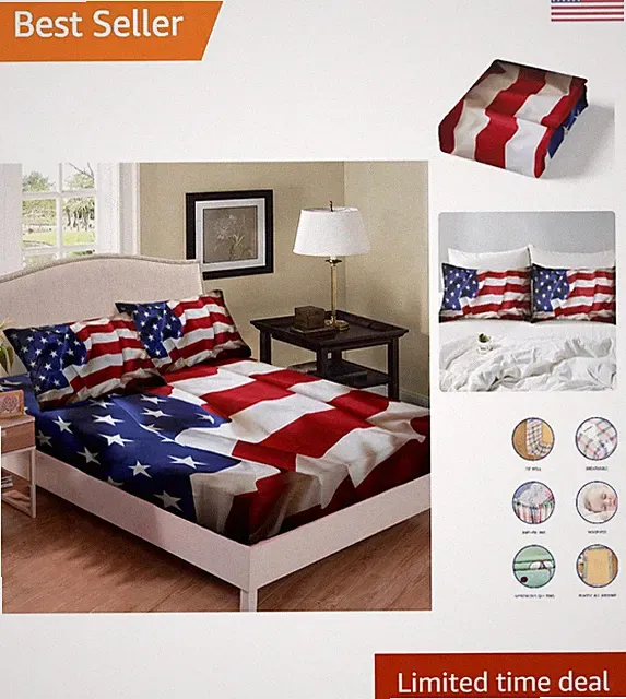 Fitted Sheet American Flag Blue Red Printing Bedding Set for Kids Teens Adult...