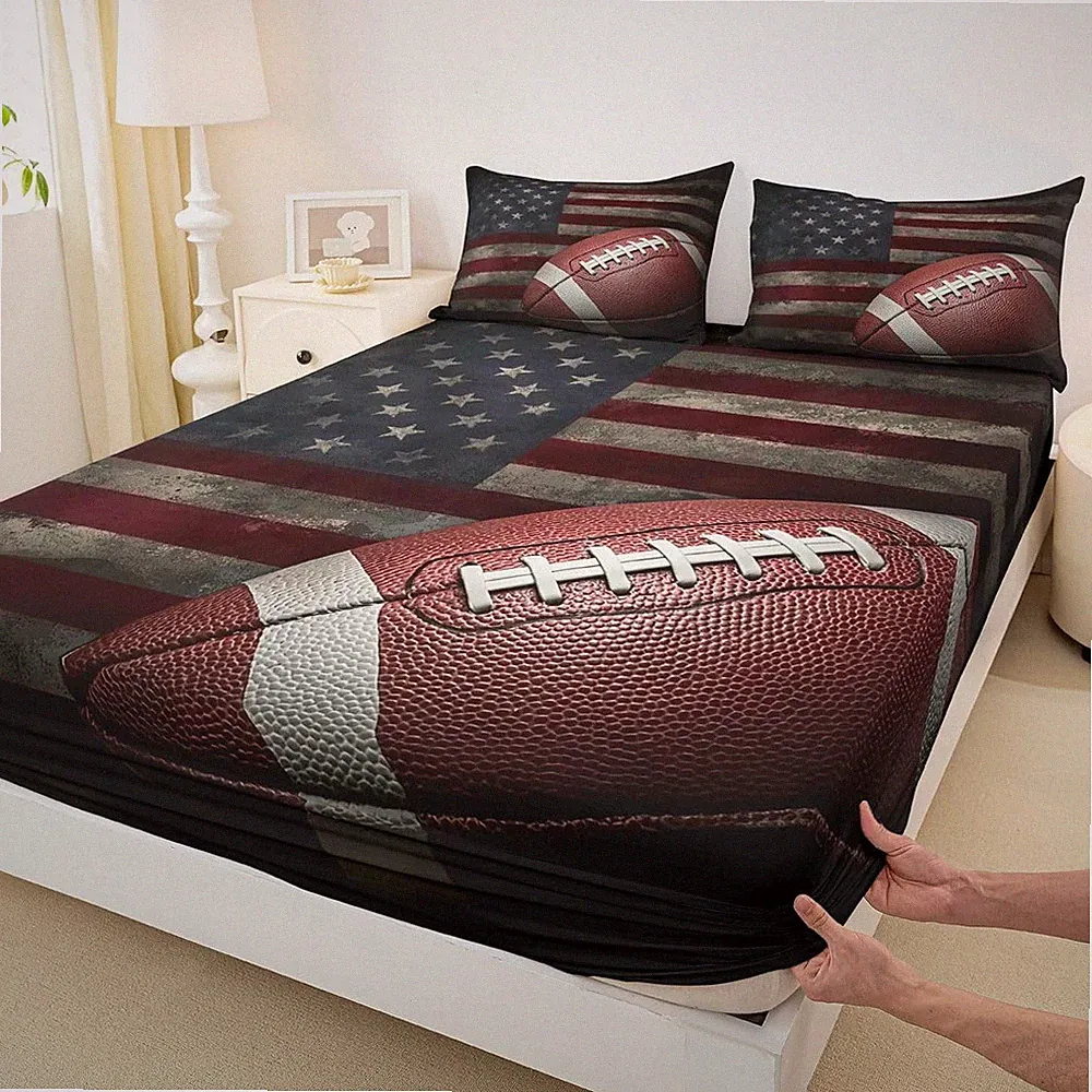 Flag Fitted , Boys Football Bed Sheets Twin Soccer Sports Games Bedding Set U...