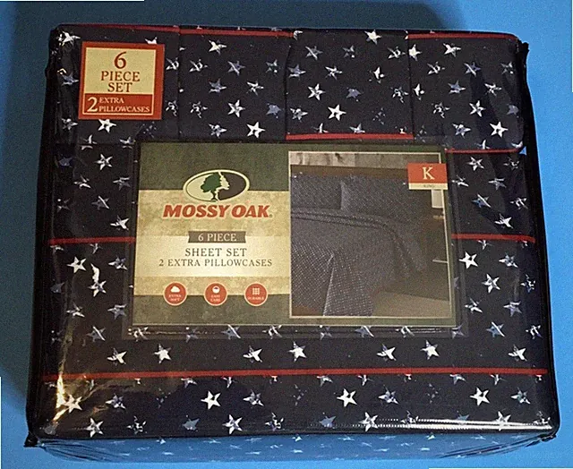 MOSSY OAK STARS AMERICANA KING 6 Pc SHEET SET Lodge Cabin Patriotic NEW