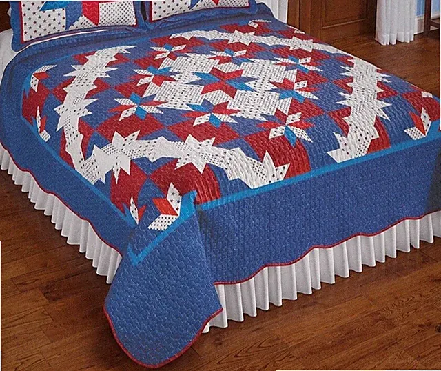 NEW KING Size 86x102" AMERICANA Red White Blue Star Poly Cotton Quilt Bedspread