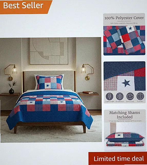 Patriotic 2-Piece Quilt Set Twin Americana Stars and Plaid Home Bedding