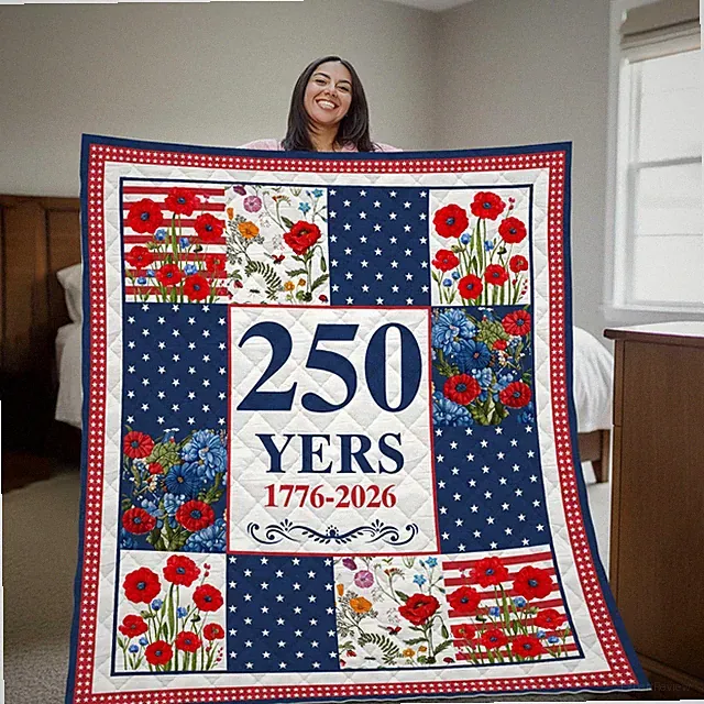 Patriotic 250 Years USA Blanket American Flag Quilt Throw Independence Day Gift