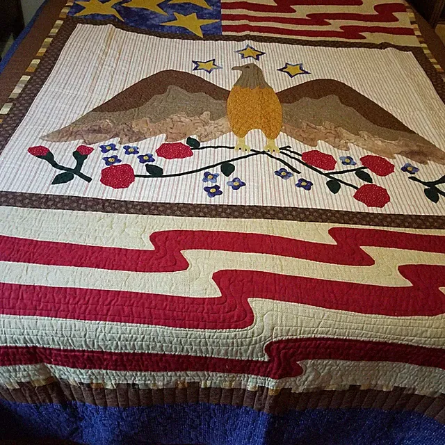 Patriotic Quilt Flag Stars Stripes Eagle Valor Military Americana OOAK 78"x101"