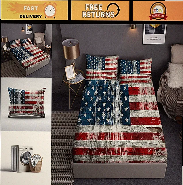 Patriotic Vintage American Flag Bedding Set - 3PC Fitted Sheet & Pillow Shams, R