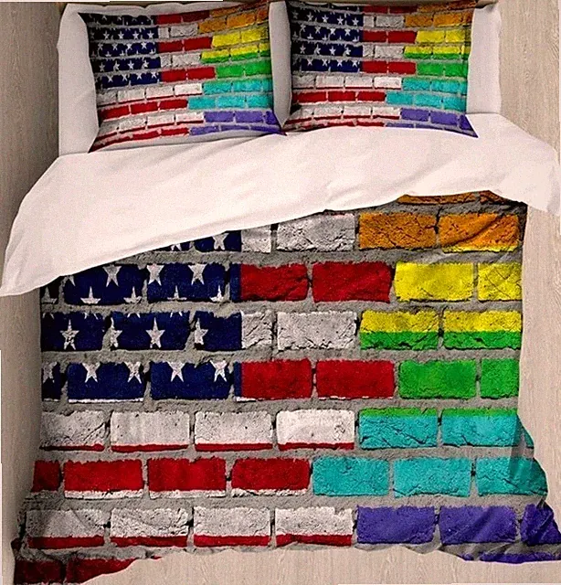 Pride Duvet Cover Set, Grunge Dark Brick Rainbow Wall American Flag King Size