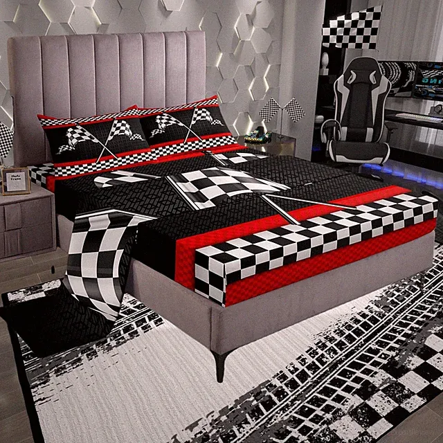 Race Car Themed Bed Set King Size,Black White Checkered Flag Print Deep Pocke...