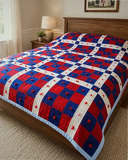 Red White Blue Handmade Patchwork Quilt Queen Bed Americana Patriotic Decor