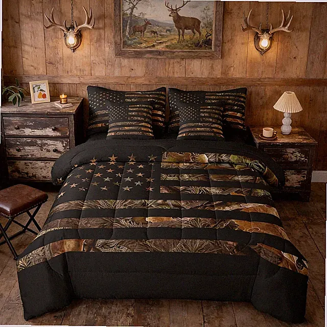 Rustic Camo Bedding Sets American Flag Full Comforter Set with Sheets 7 Piece...