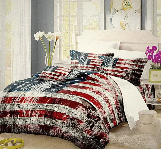 Stars and Stripes Duvet Cover Set Vintage American Flag Bedding Red White Blue B