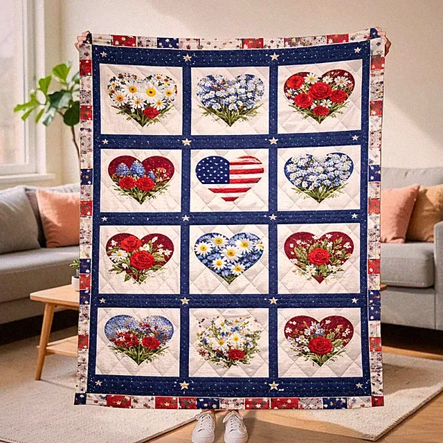 USA Patriotic Floral Quilt Blanket American Flag Heart Throw Cozy Gift HomeDecor
