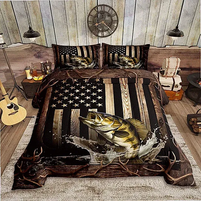 Vintage American Flag Comforter Set Queen 3D Bass Fish Hunting Fishing Quilt
