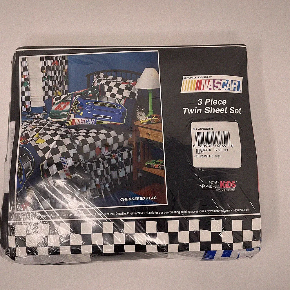 Vintage NASCAR Twin Sheet Set 3 Piece Checkered Flag Kids Bedding USA
