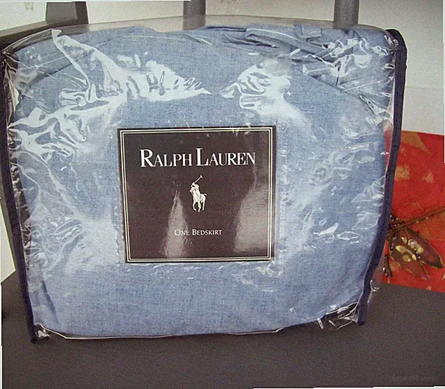 Vintage Ralph Lauren Chambray Blue Twin Ruffle Bed Skirt USA Flag Package NEW