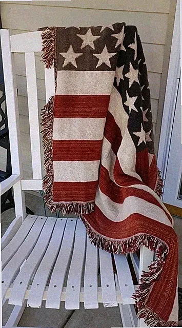 Vtg American Flag Throw Tapestry Fade Cotton Blanket Patriotic With Fringe Thick