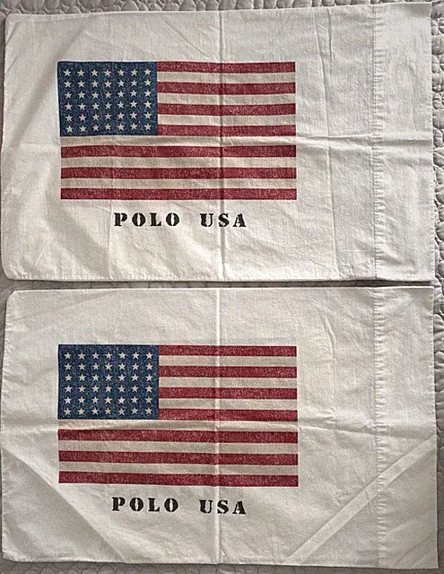 VTG Pillow Cases 2 POLO RALPH LAUREN AMERICAN FLAG STANDARD USA DISTRESSED Nice